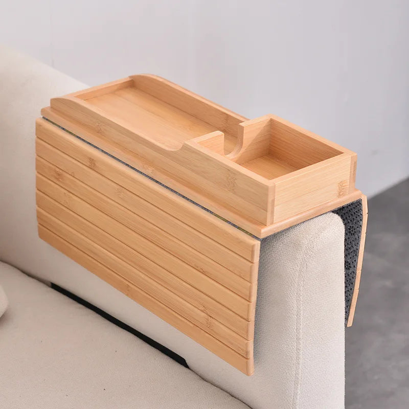 Bamboo Couch Cup Holder with Side Storage Pocket Anti-Slip Bamboo Sofa Armrest Tray Foldable Sofa Cup Holder for Cup Snack Drink