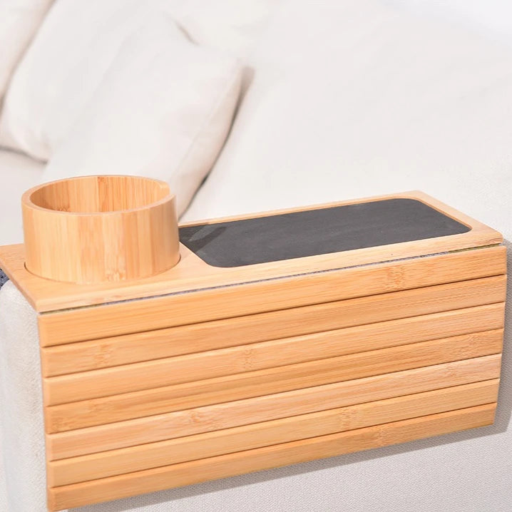 Bamboo Couch Cup Holder with Side Storage Pocket Anti-Slip Bamboo Sofa Armrest Tray Foldable Sofa Cup Holder for Cup Snack Drink