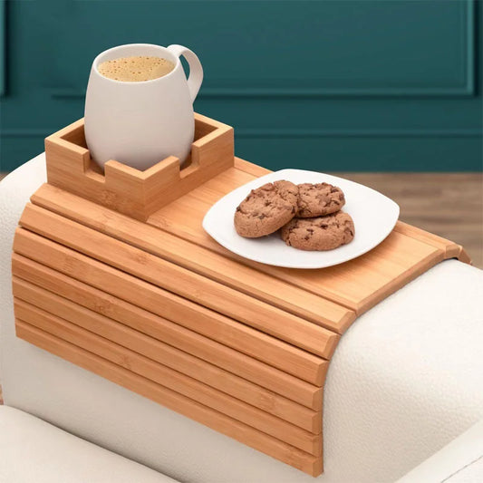 Bamboo Couch Cup Holder with Side Storage Pocket Anti-Slip Bamboo Sofa Armrest Tray Foldable Sofa Cup Holder for Cup Snack Drink