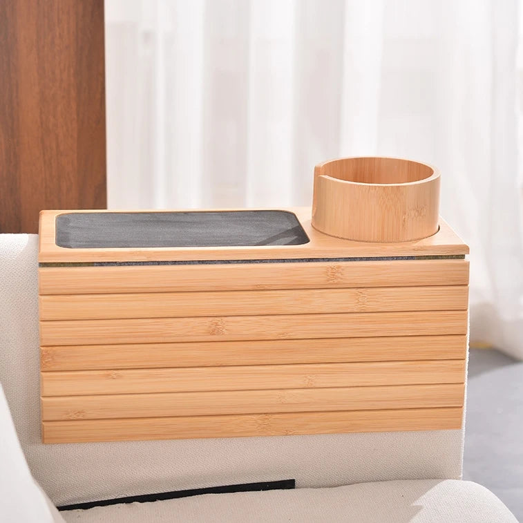 Bamboo Couch Cup Holder with Side Storage Pocket Anti-Slip Bamboo Sofa Armrest Tray Foldable Sofa Cup Holder for Cup Snack Drink