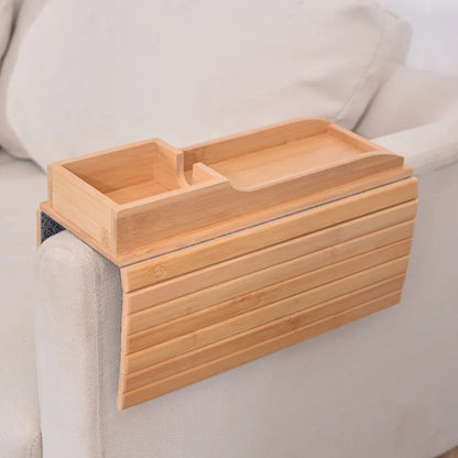 Bamboo Couch Cup Holder with Side Storage Pocket Anti-Slip Bamboo Sofa Armrest Tray Foldable Sofa Cup Holder for Cup Snack Drink