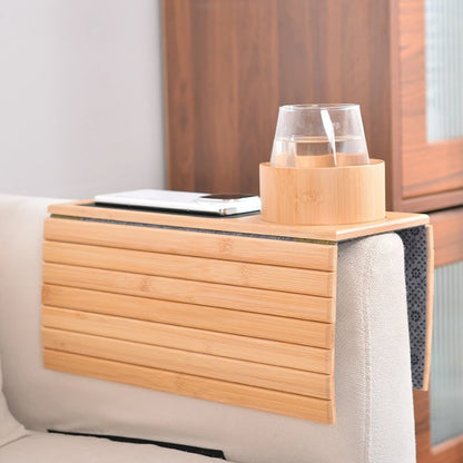 Bamboo Couch Cup Holder with Side Storage Pocket Anti-Slip Bamboo Sofa Armrest Tray Foldable Sofa Cup Holder for Cup Snack Drink